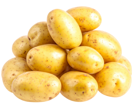 A pile of yellowish, oval-shaped potatoes clustered closely together, some with small brown spots, against a black backdrop