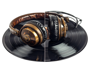 Two Vintage Headphones on Vinyl Record Variations in One Frame, isolated on transparent background