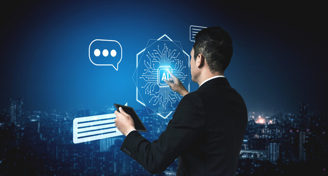 A businessman engages with advanced AI technology in a city at night. The image embodies concepts of communication, connectivity, and innovation in a digital era. Gantry