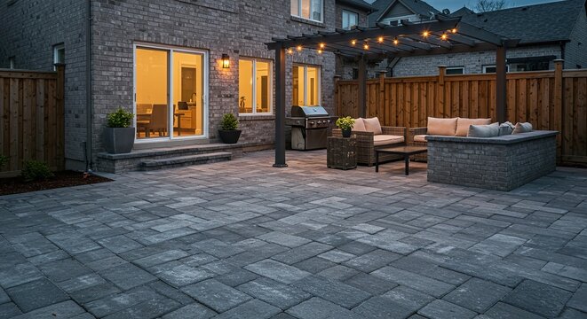A beautiful residential backyard patio constructed with interlocking stone pavers, perfect for outdoor dining and relaxing area ,residential ,custom ,floor