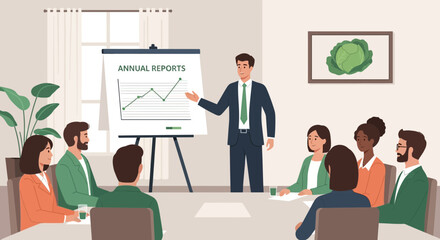 Fototapeta premium Presentation of annual reports to colleagues in the office meeting room