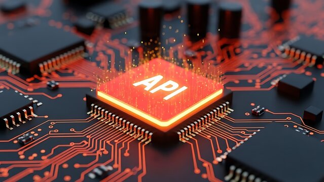 Glowing api chip on a futuristic circuit board with red lights
