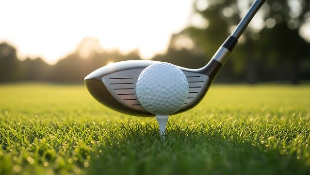 Golfer about to strike a white golf ball on a tee with a driver club
