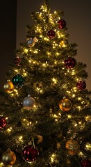 A beautifully decorated evergreen fir tree covered in twinkling warm lights and vibrant colorful ornaments, symbolizing the winter holiday season celebration ,cozy ,happy ,celebration