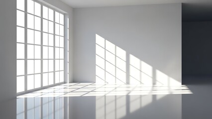 Bright modern room with large windows and sunlight casting shadows