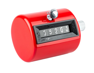 A red hand tally counter displays digits on a black numeric screen, isolated on a black backdrop