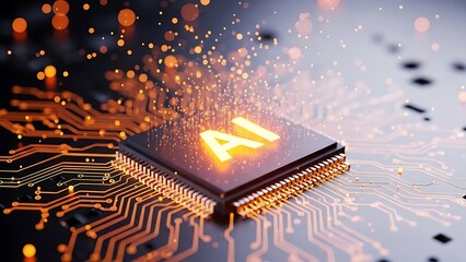 Glowing ai chip on circuit board with digital sparks and data flow