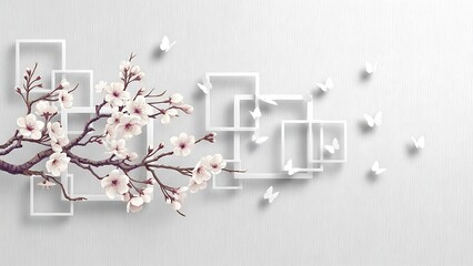 Delicate cherry blossoms branching out against a textured white background with geometric shapes