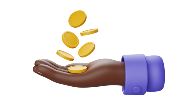 Receive gold coins into hand, wealth and financial freedom concept design