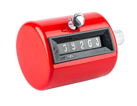 A red hand tally counter displays digits on a black numeric screen, isolated on a black backdrop