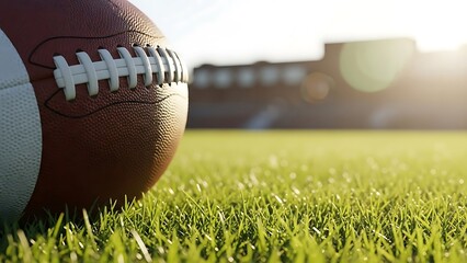 Close up of an american football on a grassy field with stadium in background