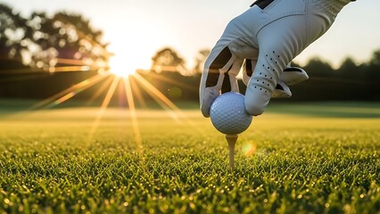 Golfer placing ball on tee at sunrise on green grass