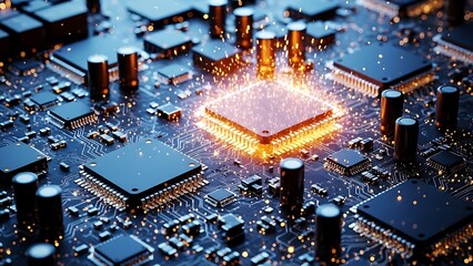 Glowing central processor chip on a complex circuit board with blue lights