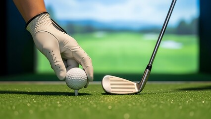 Golfer placing ball on tee ready to swing indoors