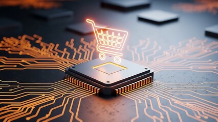 Glowing shopping cart icon rises from futuristic computer chip and circuit board