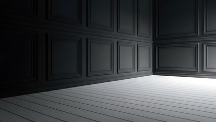 Dramatic dark room with stark light on white wooden floor