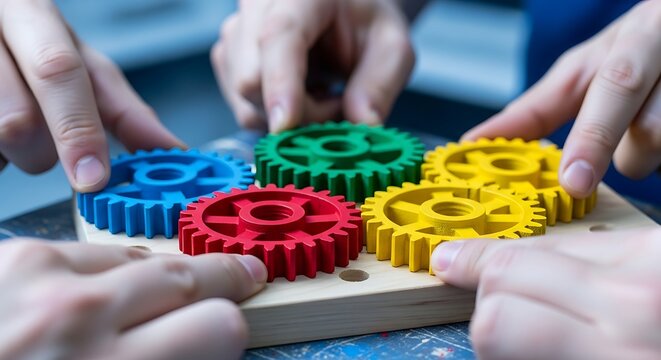 Teamwork in action colorful gears fitting together for business solutions and innovation success concept, showcasing collaboration and engineering