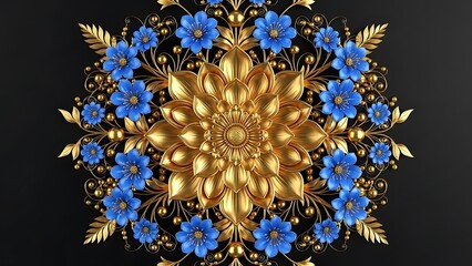 Intricate golden mandala ornament with blue flowers and green leaves