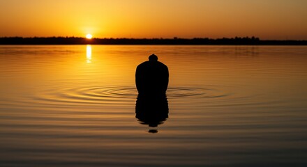 A breathtaking golden hour reflection on perfectly still water surfaces, capturing the essence of profound, controlled, and intensely peaceful energy ,flow ,quiet ,intensity