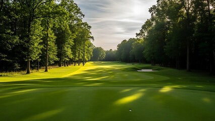 Sunlight streams through tall trees onto a lush green golf course fairway