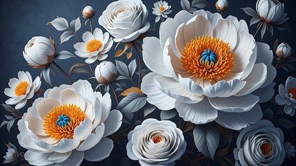 Close up of white peonies with vibrant orange and blue centers