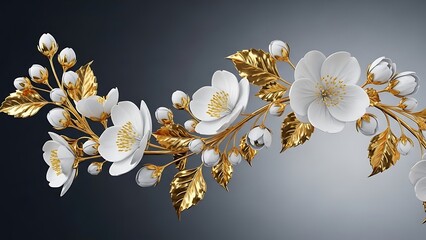 Elegant white floral garland with golden leaves on a dark background