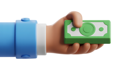 Cartoon hand holding a stack of money symbolizing wealth and financial success