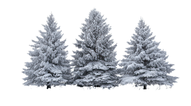 Three spruce trees in winter with heavy snow coverage on transparent background