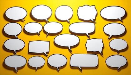 Assortment of blank speech bubbles arranged on a vibrant yellow background