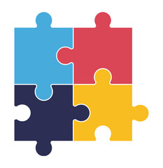 Obraz premium Four piece jigsaw puzzle square in vibrant yellow, pink, green, blue, isolated on white, teamwork, cooperation, flat vector design