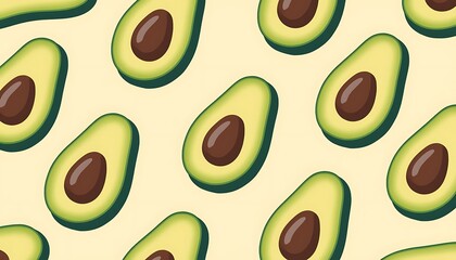 Avocado halves with pits forming a fresh, healthy, and organic seamless pattern