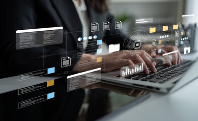 A professional businesswoman types on her laptop, surrounded by an innovative artificial...