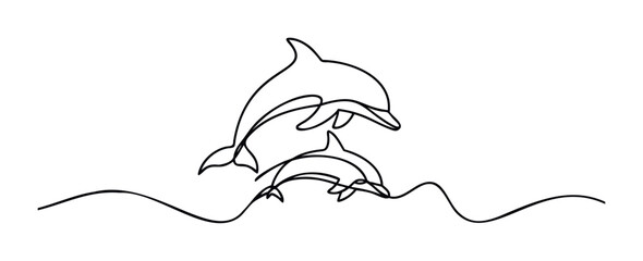 Dynamic one line drawing of two dolphins leaping from waves, perfect for ocean life themes, aquatic celebrations, and marine conservation visuals.