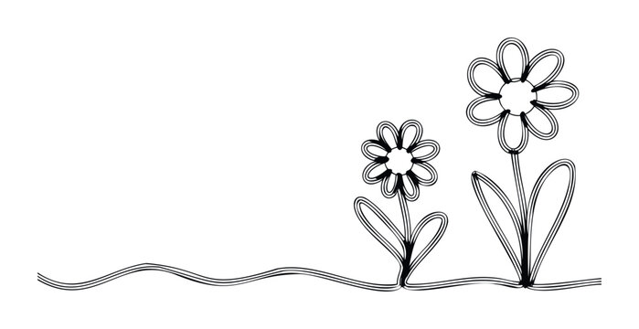 Whimsical outline drawing of two flowers with stems and wavy ground line, perfect for graphic resources, greeting cards, and springtime themes.