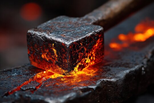 Metal Hammer Forging: A red-hot metal being forged with a heavy hammer on an anvil, showcasing the raw power and precision of metalwork.