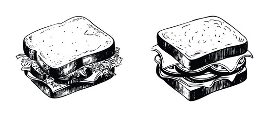 Hand drawn black and white sketches of two delicious sandwiches showcasing different fillings and perspectives for food service and culinary concepts.