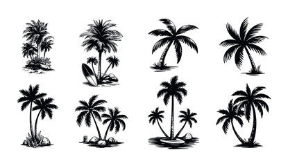 Collection of silhouette palm trees with tropical beach elements like surfboards and rocks for vacation and summer themes