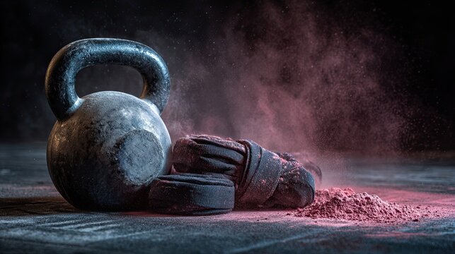 A kettlebell and weights are surrounded by pink chalk dust, creating a dynamic scene that emphasizes fitness and strength training. - Powered by Adobe