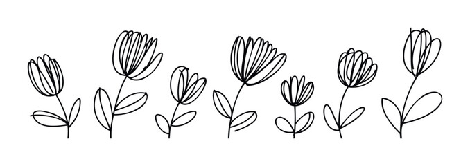 Minimalist hand drawn outline flowers with leaves for organic decorative use and simple spring greeting cards.