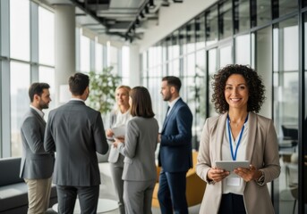 Obraz premium Professional business people networking and discussing in a modern office environment with large windows