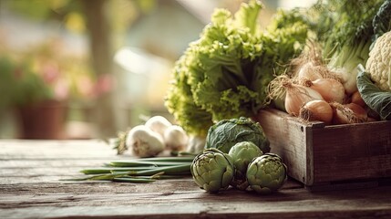 A rustic wooden table displays a variety of fresh vegetables, including green lettuce, onions, garlic, and artichokes, creating a vibrant, healthy scene.