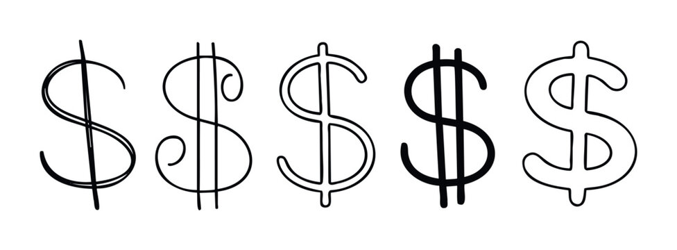 Collection of five diverse dollar signs showcasing variations in stroke weight and style, perfect for financial, banking, and currencyrelated themes.