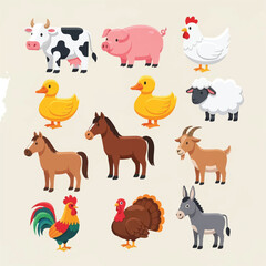 Fototapeta premium Cartoon Farm Animals Illustration Cow Pig Chicken Duck Sheep Horse Goat Donkey Turkey Rooster.