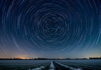 Frozen field under starry night sky