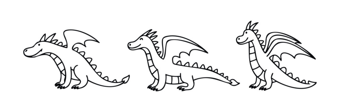 Three adorable cartoon dragons line up for a playful presentation suitable for childrens books, party invitations, and whimsical storytelling projects.