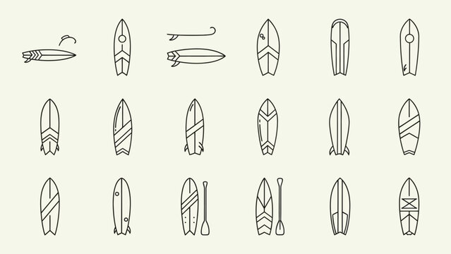 Surfboard icon set representing different surfboard shapes and designs in a line art style