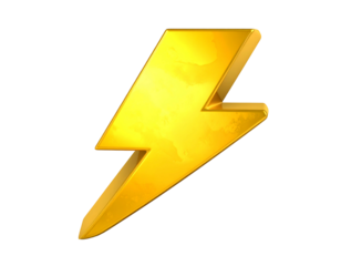 A shining, golden lightning bolt icon isolated on a black background, rendered in a cartoonish, 3D style