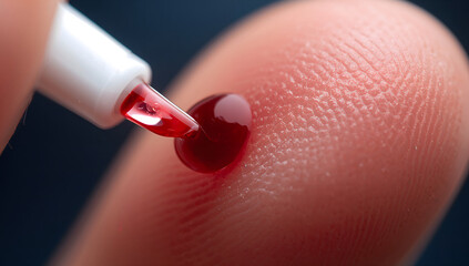 Close-up detail of a finger being pricked to draw a small blood sample for health monitoring or diagnostic testing, highlighting the precision of medical procedures and personal wellness management