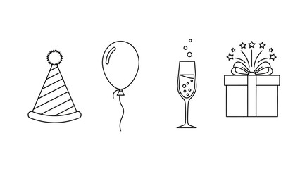 Outline celebration: party hat, balloon, champagne glass and present box design for decoration