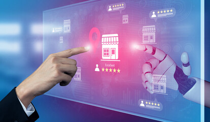 Human hand and robotic finger engage with a virtual display that showcases customer feedback for a retail business with ratings. Emphasizes technology in customer engagement. Gantry